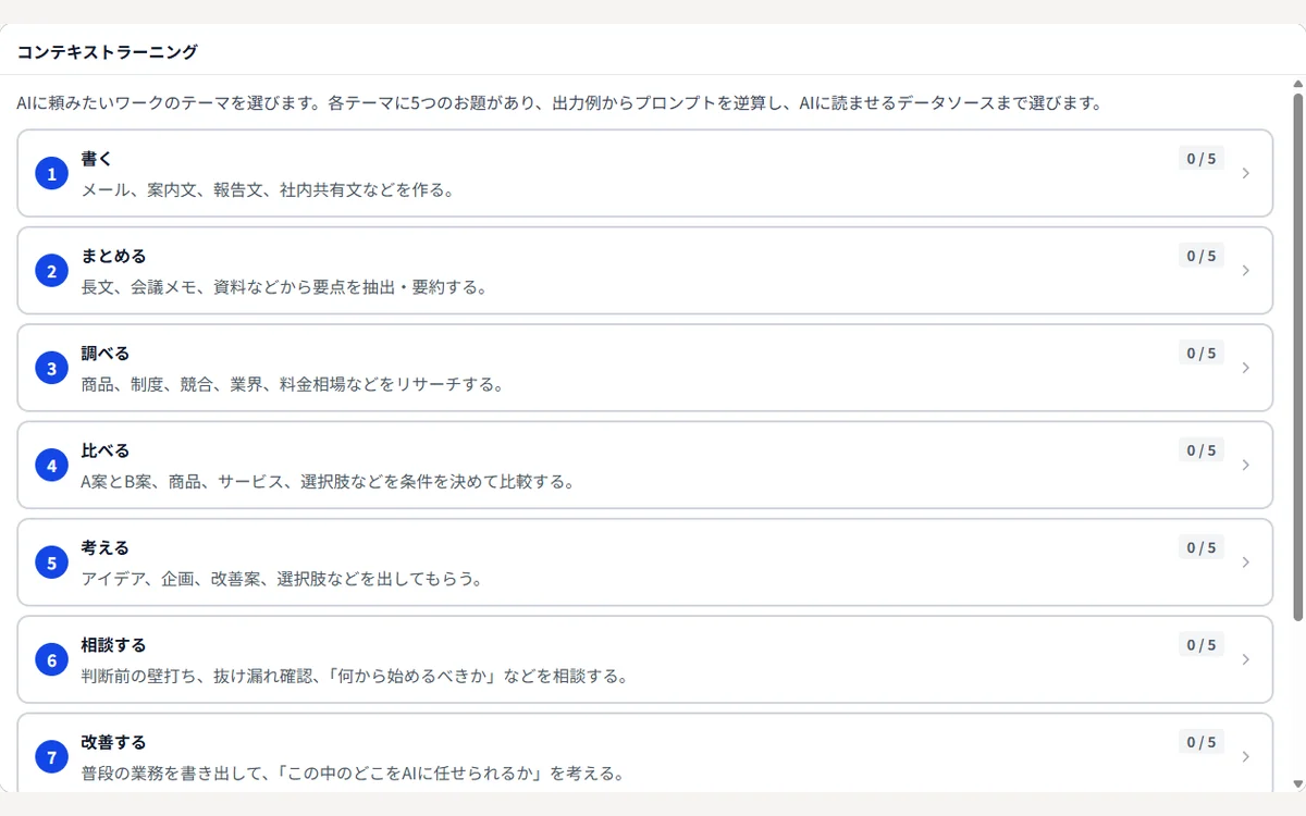 コンテキストラーニングで学習テーマを選ぶトップ画面