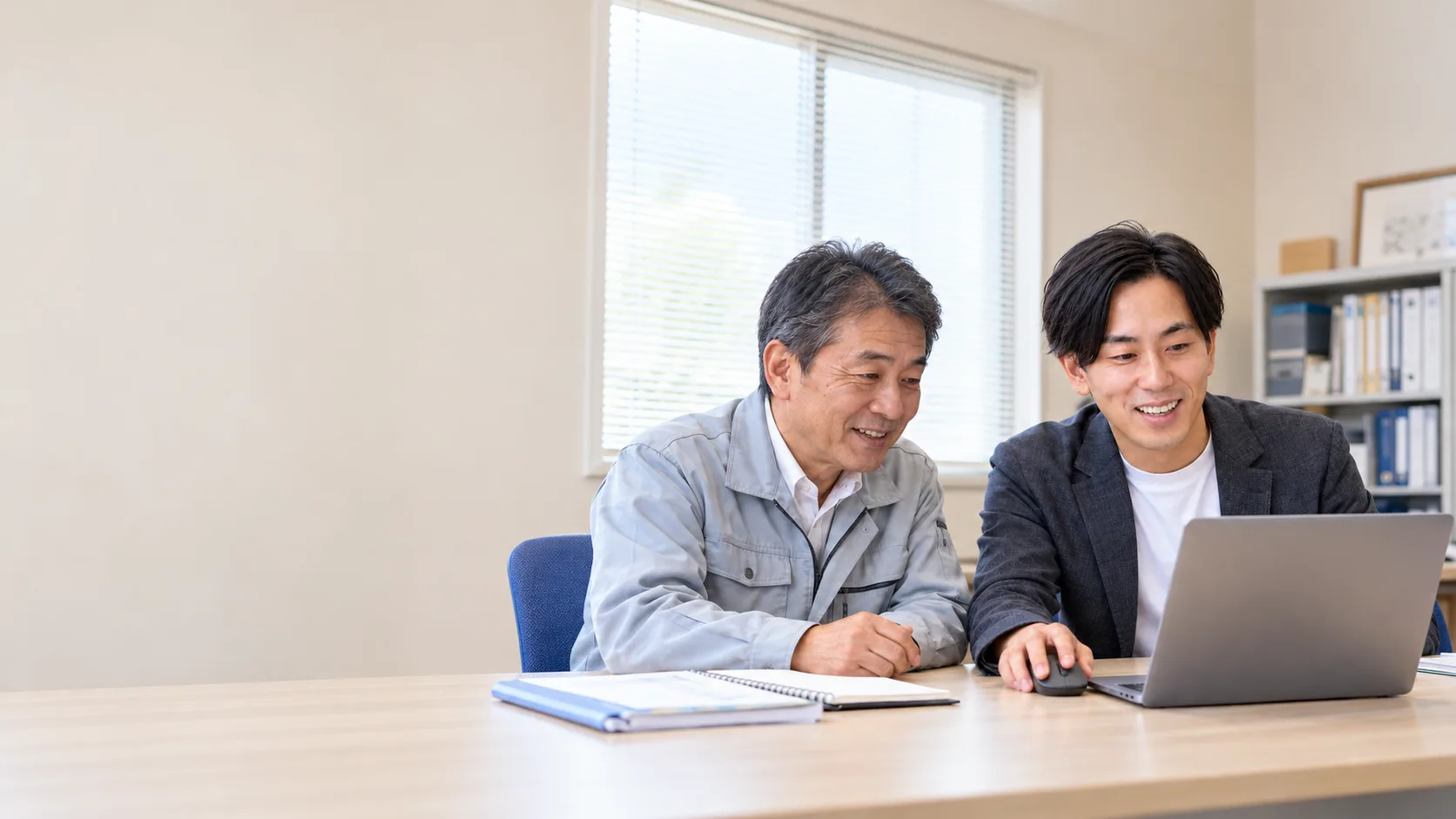 現場の担当者と一緒に、ノートPCで業務の進め方を確認する様子